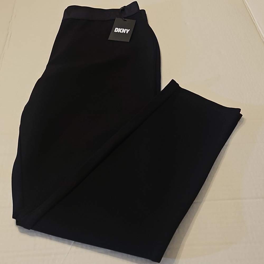 NWT DKNY Foundations Women's XL Black Classic Office Pants Logos On Waist